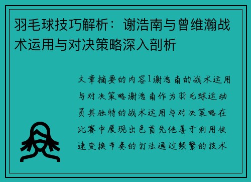 羽毛球技巧解析：谢浩南与曾维瀚战术运用与对决策略深入剖析